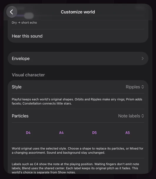 Native Wiggle customization settings with Note labels selected and a pitch-name particle preview